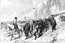 Illustration montrant le transport des momies au XIXe siècle de Louqsor au Caire